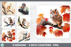 Bundle of six Watercolor Owls Square Coaster designs.
