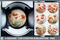 Bundle of six Watercolor Poppies Car Coaster designs.