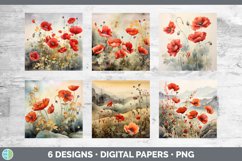Bundle of six Watercolor Poppies Paper Backgrounds designs.