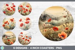 Bundle of six Watercolor Poppies Round Coaster designs.