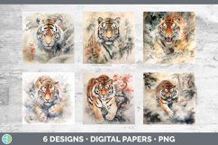 Bundle of six Watercolor Tigers Paper Backgrounds designs.