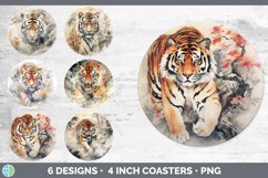 Bundle of six Watercolor Tigers Round Coaster designs.
