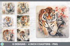 Bundle of six Watercolor Tigers Square Coaster designs.