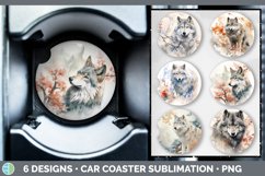 Bundle of six Watercolor Wolves Car Coaster designs.
