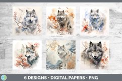 Bundle of six Watercolor Wolves Paper Backgrounds designs.
