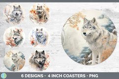Bundle of six Watercolor Wolves Round Coaster designs.