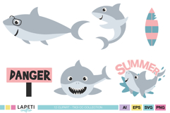 Kids shark birthday printable party decor graphics with playful shark characters and ocean themed birthday elements
