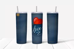 blue jeans pocket sublimation tumbler designs with red heart, calligraphic word love is 20 oz wrap  tumbler. It's perfect for valentines day, jeans lover