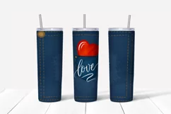 blue jeans pocket sublimation tumbler designs with red heart, calligraphic word love is 20 oz wrap  tumbler. It's perfect for valentines day, jeans lover