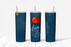 blue jeans pocket sublimation tumbler designs with red heart, calligraphic word love is 20 oz wrap  tumbler. It's perfect for valentines day, jeans lover