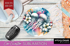 Jellyfish Floral Car Coaster Tropical Coaster PNG Product Image 1