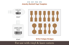 A digital jewelry label SVG template set featuring barbell-style tags for bracelets, necklaces, and earrings. Includes 15+15 individual SVG, DXF, EPS, and PNG files, compatible with Glowforge, Cricut, and Silhouette