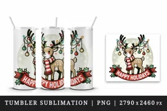 Jolly reindeer Christmas lights antlers Happy Holidays quote print 20 oz tumbler skinny mug wrap clipart t-shirt sublimation printable design