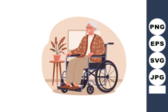 Elderly woman sitting in wheelchair indoor with houseplant a Product Image 1
