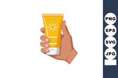 Hand holding yellow sunscreen tube with sun icon natural ski Product Image 1