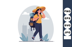 Woman Hiking with Large Backpack and Sun Hat in Urban Enviro Product Image 1