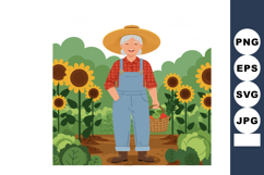 Elderly female farmer holding basket standing in sunflower g Product Image 1