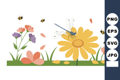 Dragonfly on yellow flower with bees and pastel wildflowers Product Image 1