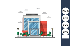 Modern office building with glass windows and red facade ext Product Image 1