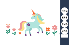Cute unicorn with colorful mane and horn surrounded by flowe Product Image 1