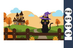 Black Cat Wearing Witch Hat on Fence with Haunted House and Product Image 1
