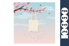 Blank Tote Bag Hanging on Cherry Blossom Tree Branch with Fl Product Image 1