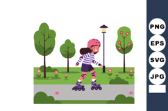 Girl roller skating outdoors in park with trees flowers and Product Image 1