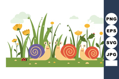 Snails with colorful shells in green grass and wildflowers v Product Image 1