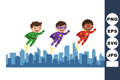 Children Flying in Superhero Costumes Over City Skyline Colo Product Image 1