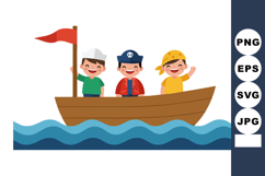 Three Kids Sailing Wooden Boat with Pirate Hat and Red Flag Product Image 1