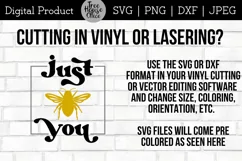 instructions for using this just bee you honeybee quote digital file in svg or dxf format for cricut, silhouette, or laser projects