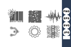 Digital technology icons with barcode, circuits, gear, and s Product Image 1
