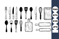 Kitchen utensils set with spoons knives spatulas cutting boa Product Image 1