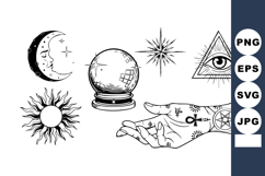 Mystical symbols including crescent moon, sun, crystal ball, Product Image 1