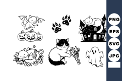 Halloween black and white cat ghost pumpkin bat spooky vecto Product Image 1