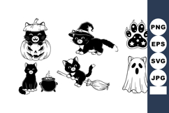 Halloween black cat illustrations with pumpkin witch ghost a Product Image 1