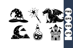 Magical fantasy elements including wizard hat dragon castle Product Image 1
