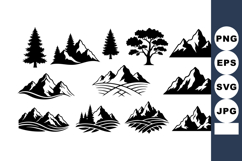 Mountain and Tree Silhouettes Vector Set with Pine and Oak T Product Image 1