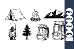 Camping equipment set with tent campfire pine tree and backp Product Image 1