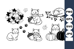 Cute cats with autumn leaves pumpkins and acorns in black an Product Image 1