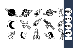 Space icons vector set with planets rockets telescopes and s Product Image 1