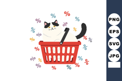 Cat inside shopping basket surrounded by colorful percentage Product Image 1