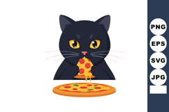 Black cat eating pepperoni pizza slice with melted cheese ve Product Image 1