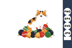 Cute calico cat sitting among colorful Christmas baubles and Product Image 1