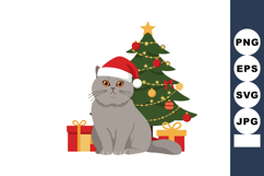 Gray cat wearing Santa hat sitting beside decorated Christma Product Image 1