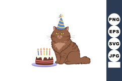 Brown fluffy cat wearing party hat celebrating birthday with Product Image 1