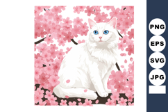 White cat with blue eyes sitting among pink cherry blossoms Product Image 1