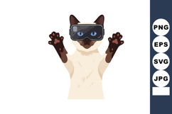 Siamese cat wearing virtual reality goggles with raised paws Product Image 1