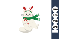 Cat wearing reindeer antlers and green scarf holding candy c Product Image 1