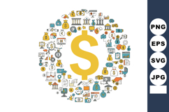 Dollar sign surrounded by various financial icons representi Product Image 1
